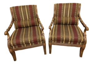 1990s Ethan Allen Hollywood Regency Roma Italian Carved Lounge Chairs-a Pair