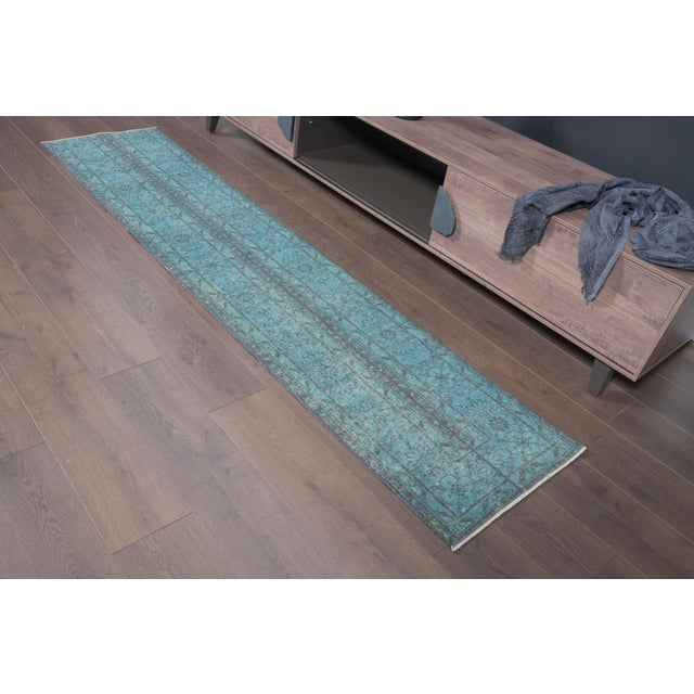 1970 Vintage Handwoven Turquoise Turkish Runner For Sale - Image 10 of 10
