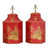 Vintage Red Chinoiserie Hand-Painted Hexagon Tea Caddy Table Lamps - a Pair For Sale