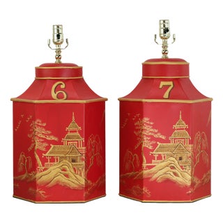 Vintage Red Chinoiserie Hand-Painted Hexagon Tea Caddy Table Lamps - a Pair For Sale