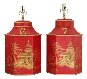 Vintage Red Chinoiserie Hand-Painted Hexagon Tea Caddy Table Lamps - a Pair