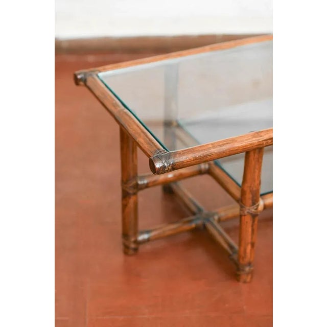 Bamboo Coffee Table with Leather Bindings and Double Glass Top, 1970 For Sale - Image 4 of 5