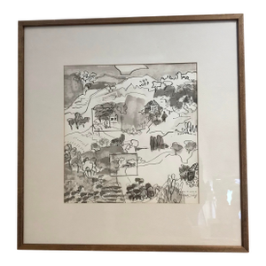 Molly J. Schiff Landscape Mixed Media Black and White 1970s Pen and Ink Painting