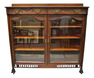 Antique American Victorian Paw Foot Carved Mahogany China Cabinet Bookcase Curio