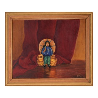 Girl With Umbrella and Baskets - Basket Seller in Old Mexico Original Oil by Pat Marker For Sale