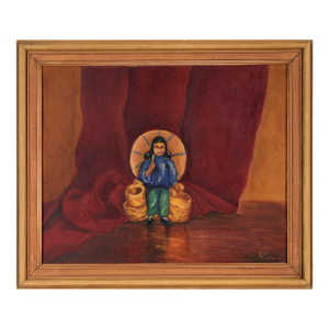 Girl With Umbrella and Baskets - Basket Seller in Old Mexico Original Oil by Pat Marker