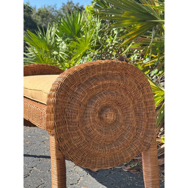 Wood Vintage Wicker Bench | Coastal Rattan Barrel-Back Settee With Cushion For Sale - Image 7 of 10