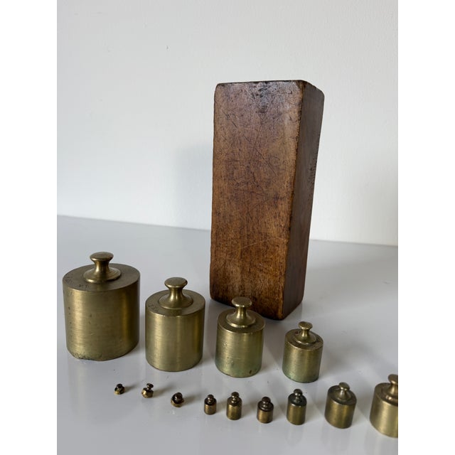19th Century Antique French Brass Scale Weight Set With Original Wood Box For Sale - Image 12 of 12