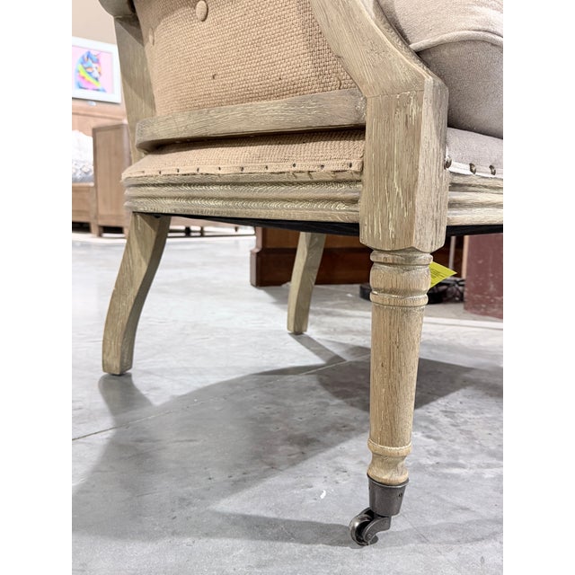 Sarreid Irish Tufted Linen Accent Armchair With Casters For Sale - Image 10 of 10