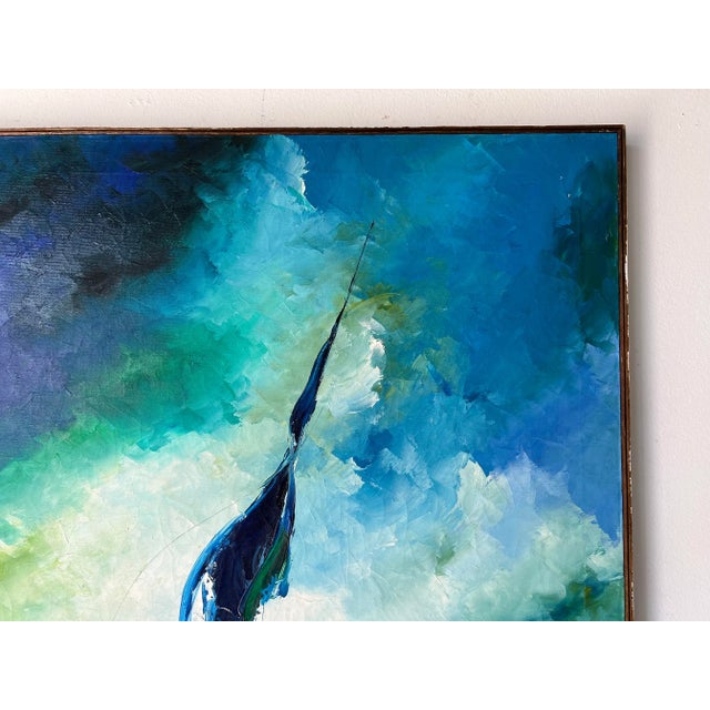 Wood 1970s Vintage Read Abstract Sailboats Oil Painting For Sale - Image 7 of 13