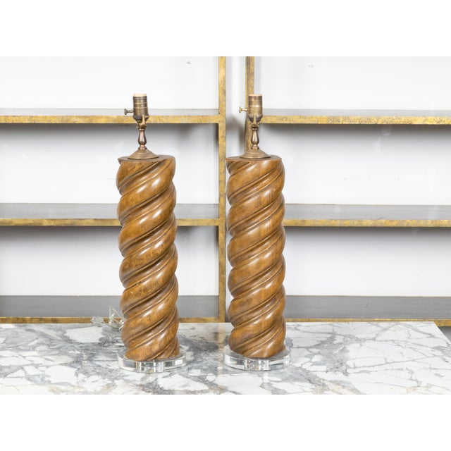Mid-Century Modern Mid 20th Century French Midcentury Twisted Solomonic Column Style Table Lamps on Lucite - Pair For Sale - Image 3 of 8