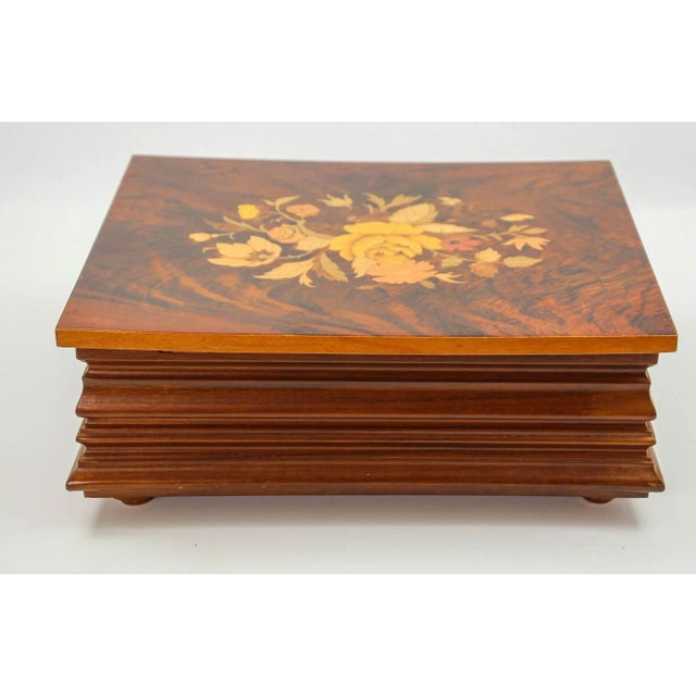 Jewelry Wooden Music Box Made in Italy With Flowers Inlaid Burl Wood Top For Sale - Image 12 of 12