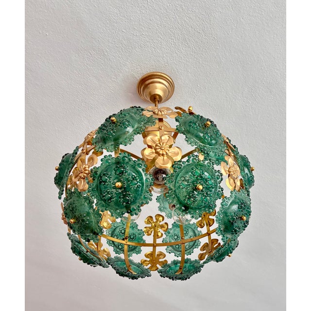 1970s Mid-Century Modern Style Teal Turquoise Hand-Painted Glass and Gold Floral Chandelier⁠ For Sale - Image 15 of 17