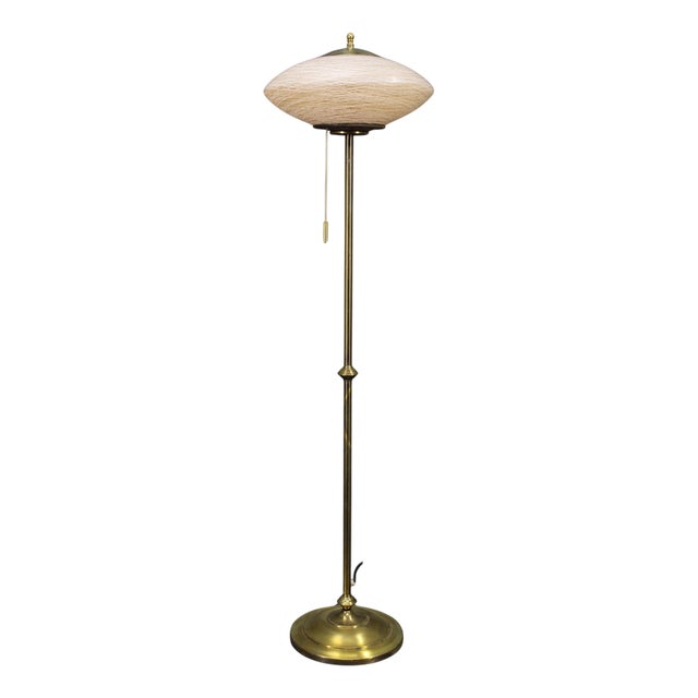 Brass Floor Lamp with Glass Shade, 1940s For Sale
