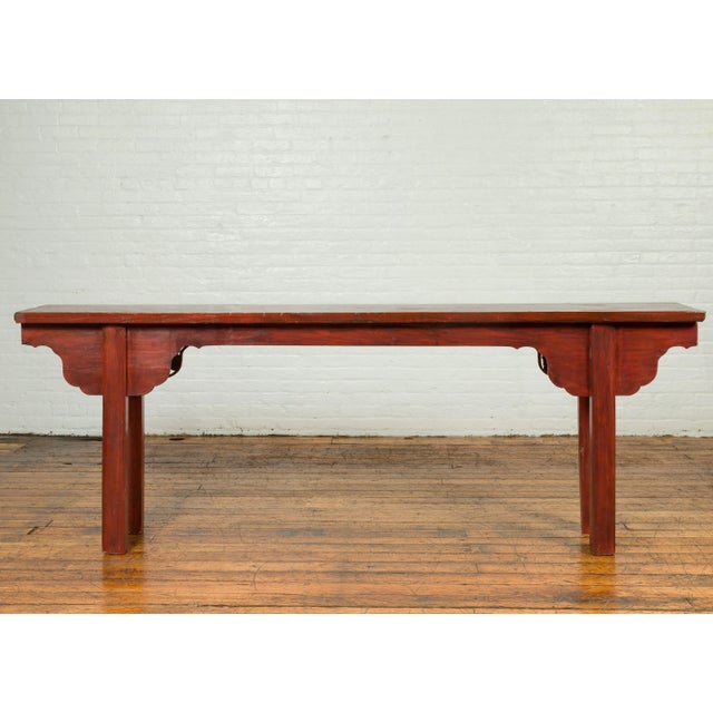 Ming Dynasty Style Chinese Elm Sang de Bœuf Console Table with Carved Apron For Sale - Image 9 of 11