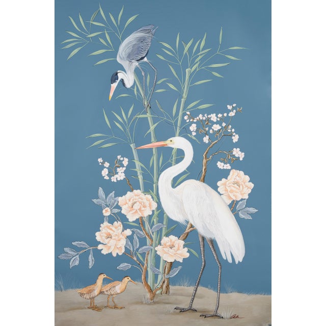Chinoiserie “More Than Birds” Chinoiserie Blue Egret Heron Triptych Painting by Allison Cosmos For Sale - Image 3 of 9