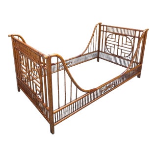 Vintage Rattan & Bamboo Sleigh Bed, Chinoiserie Style For Sale