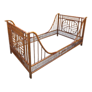 Vintage Rattan & Bamboo Sleigh Bed, Chinoiserie Style