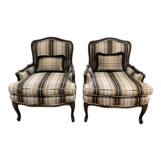 Vintage Library Chairs Carved Wood New Plaid Upholstery Brown Gray Black Pillows For Sale