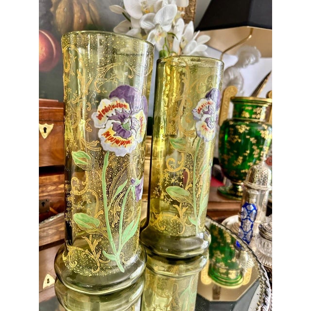 Glass Pair of Antique Mont Joye Legras Enameled Art Glass Vases For Sale - Image 7 of 7