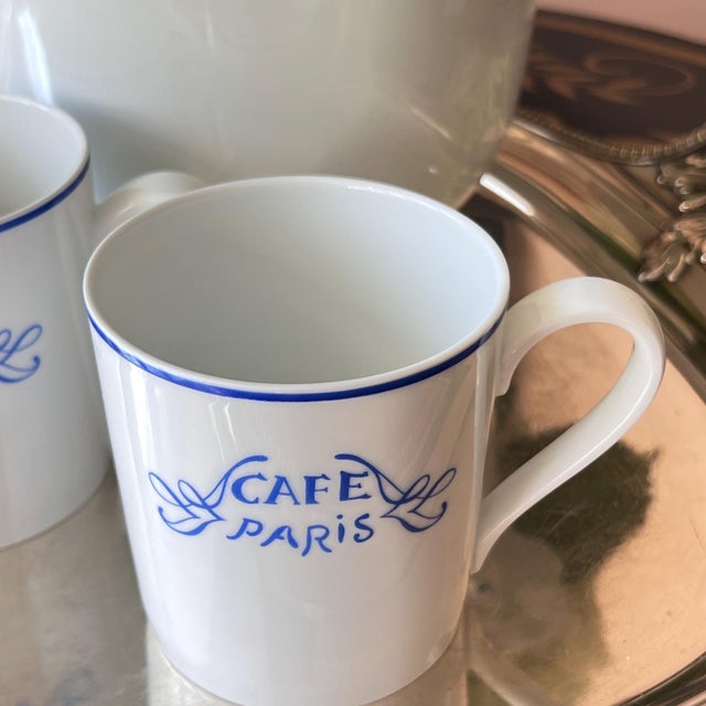 Bernardaud 1980s Pair of Bernardaud Limoges coffee mugs in the "Cafe Paris" pattern // blue and white French porcelain // Made in France // hard to find For Sale - Image 4 of 5