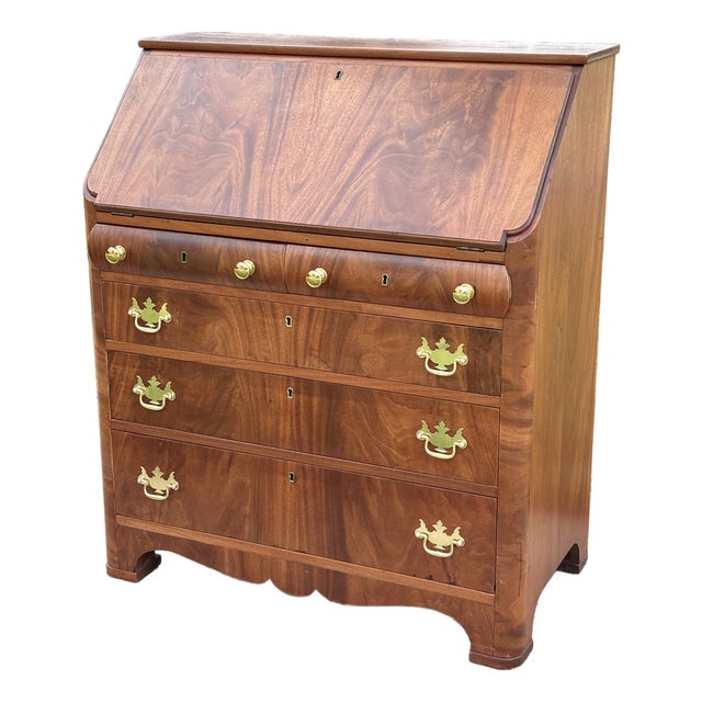 Antique Chippendale Flame Walnut Slant Front Secretary Desk For Sale