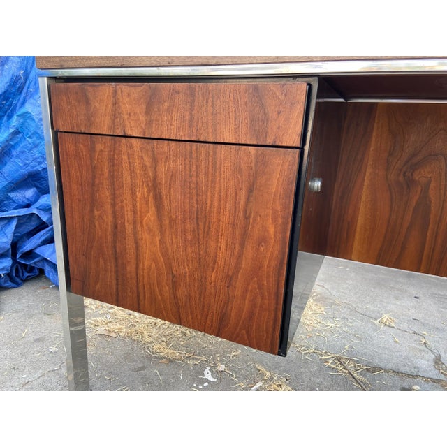 1980’s vintage mid century modern metal credenza and walnut veneer panels with filling drawers in the style of Florence...