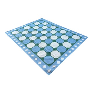 Handmade Cotton Area Rug, Vegetable Dyed Sky Blue, Cream and Green Swedish Tile Dhurrie-10'x14' For Sale