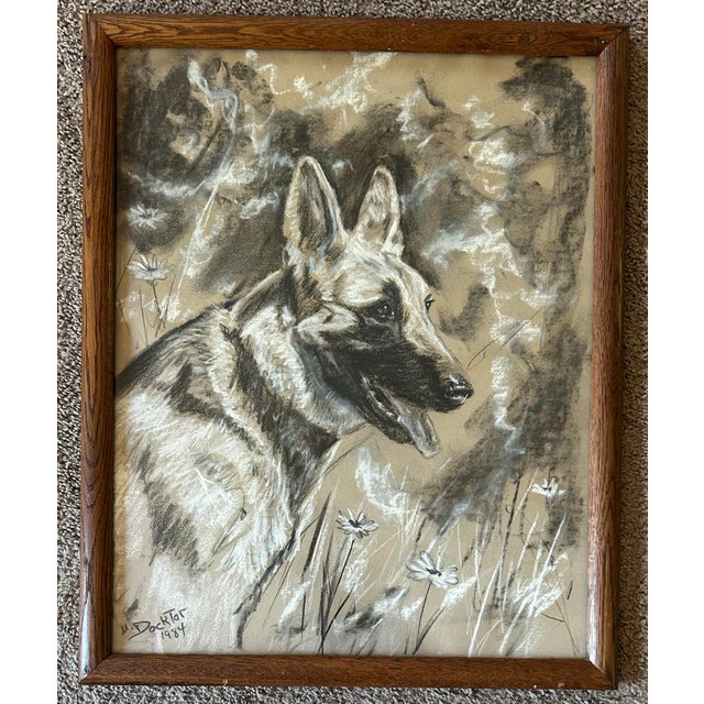 Vintage 1984 black and white pastel drawing of a German shepherd dog. Signed and dated to the lower left corner. In...