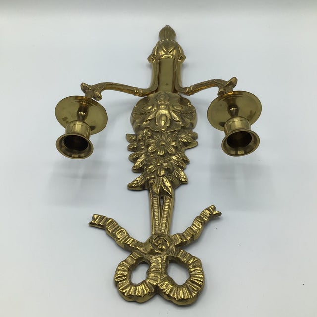 Vintage Solid Brass Double Arm French Style Candle Wall Sconces - A Pair For Sale - Image 4 of 12