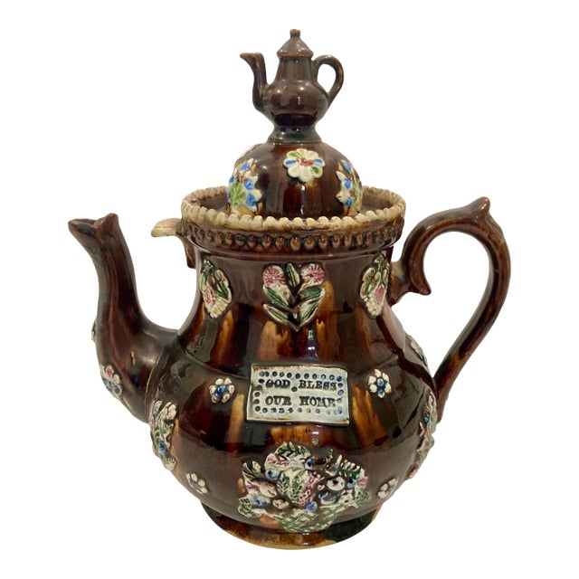 Antique English Large Bargeware Teapot - "God Bless Our Home" For Sale