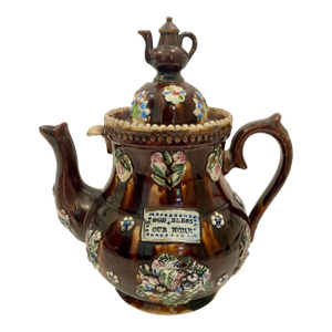 Antique English Large Bargeware Teapot - "God Bless Our Home"