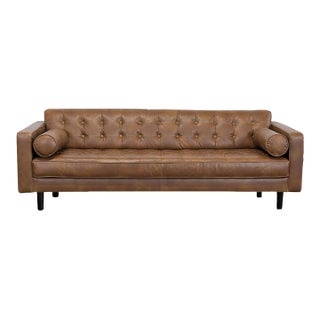Hd Buttercup 3-Seat Brown Leather Sofa With Tufted Back and Bolster Pillows For Sale