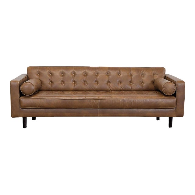 Hd Buttercup 3-Seat Brown Leather Sofa With Tufted Back and Bolster Pillows For Sale