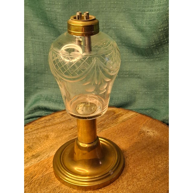 Rare 1840s Whale Oil Lamp Etched Glass Font Original Double Burner Iron Base For Sale - Image 16 of 18