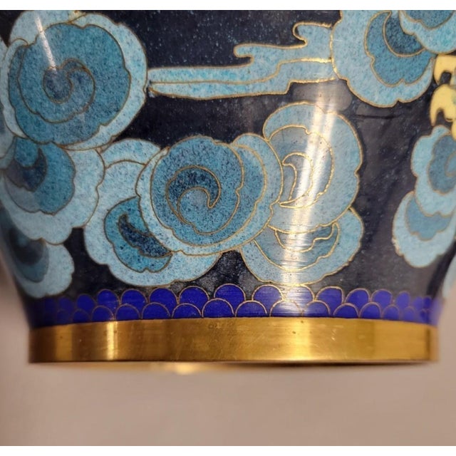 Chinese Cloisonné Vase With Dragon and Phoenix on Blue Ground, Mid-20th Century For Sale - Image 12 of 13