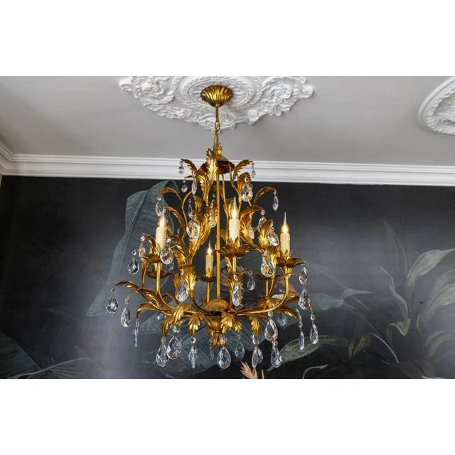 Hollywood Regency Style Gilt Metal and Crystal Glass Six-Light Chandelier, Italy For Sale - Image 4 of 18