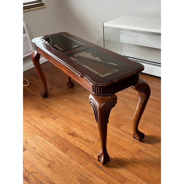 1970s Vintage Chippendale Style Mahogany Dual Glass Top Console Sofa Table For Sale - Image 5 of 12
