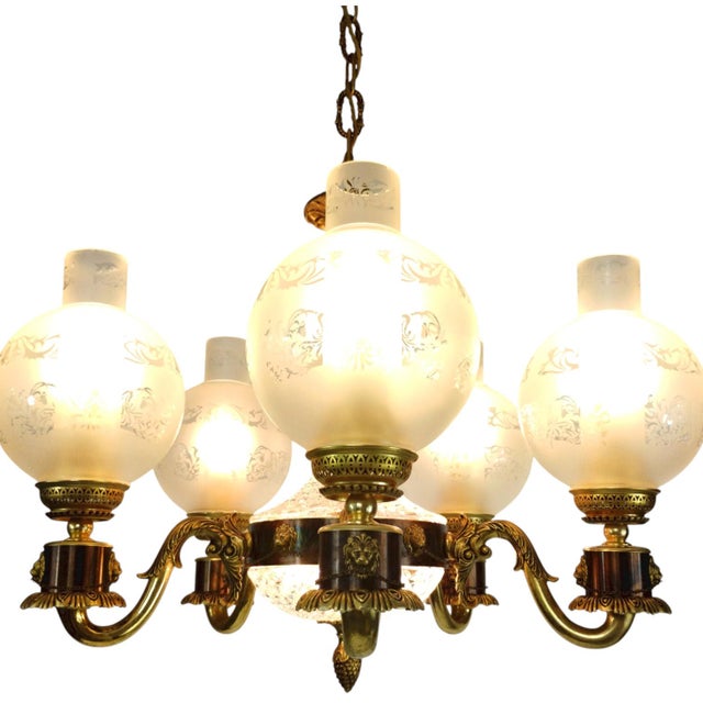 Vintage Empire Victorian French 5-Arm Brass Lion Head Chandelier with Etched Globes and Crystal Glass, 1950s For Sale - Image 4 of 17