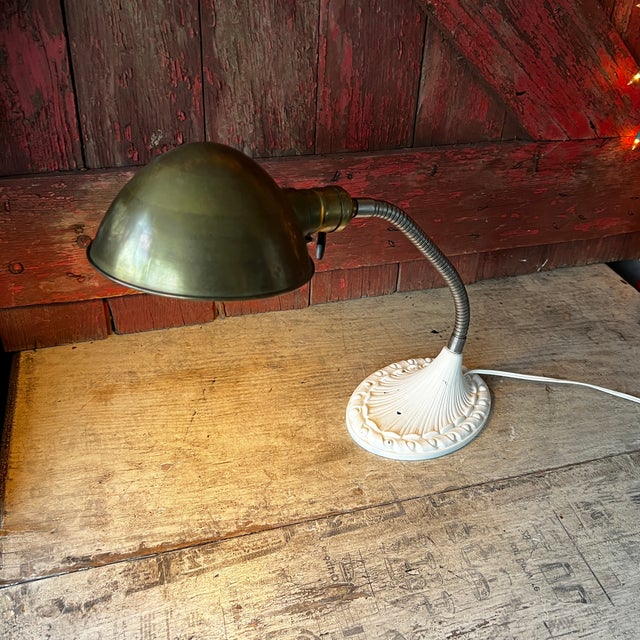 Vintage Adjustable Brass & Cast Iron Gooseneck Desk Lamp For Sale - Image 14 of 16