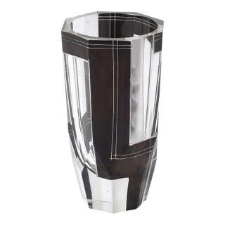 Art Deco Acid Etched Black Glass Vase With Grooved Detailing by Karl Palda For Sale