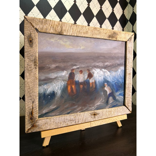 1990s Original Coastal Figural Seascape Oil Painting in Rustic Wood Frame, 18" For Sale - Image 4 of 16