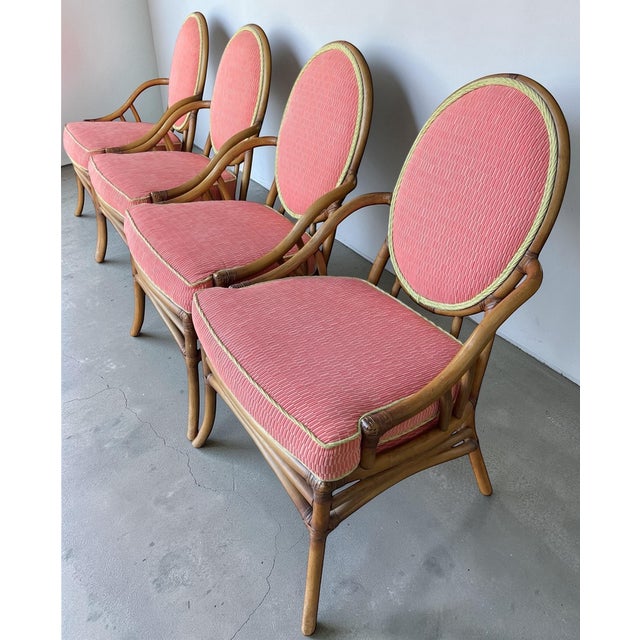 Pink Vintage Medallion Back Rattan Dining Chairs With Custom Green and Pink Upholstery– Set of 4 For Sale - Image 8 of 12