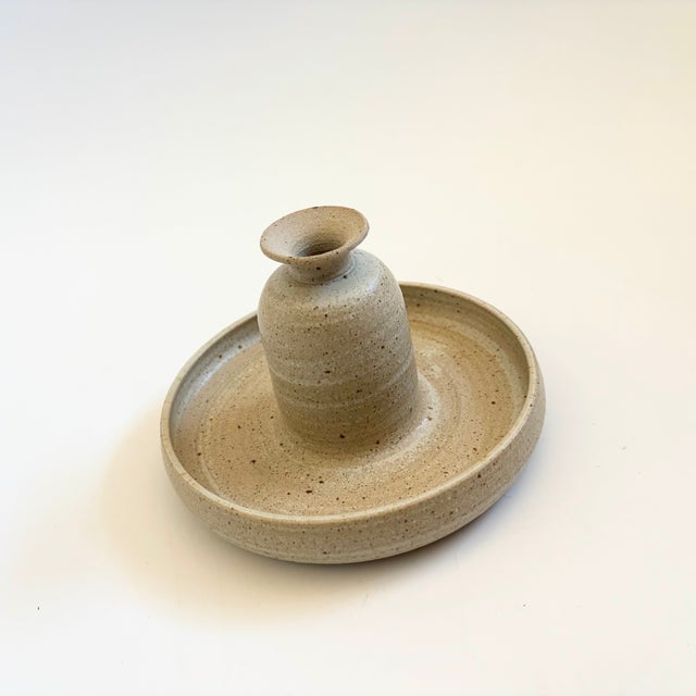 Contemporary Vintage Speckled Pottery Bud Vase and Tray For Sale - Image 3 of 11