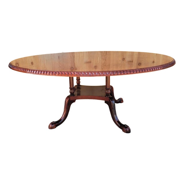Vintage English Burr Walnut Veneer Round Pedestal Table in the Antique Style With Claw Feet For Sale