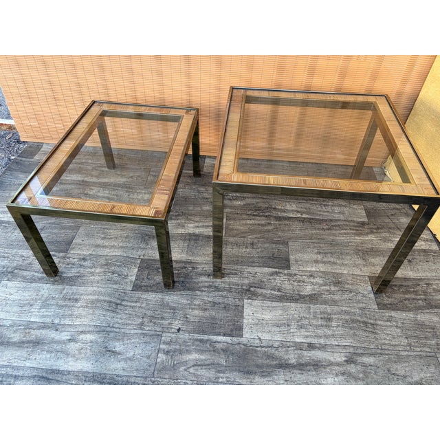 A Pair of Hollywood Regency Gold Brass and Wicker Side Tables in the Milo Baughman Style. C. 1970s For Sale In Miami - Image 6 of 18