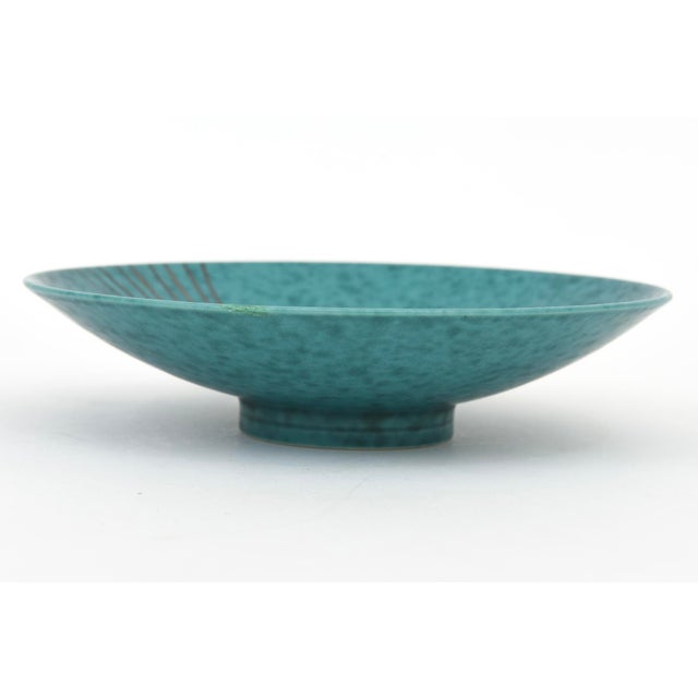 Mid-Century Modern Vintage Gustavsberg Argenta Turquoise Green Ceramic Bowl With Silver Lines Sweden For Sale - Image 3 of 9