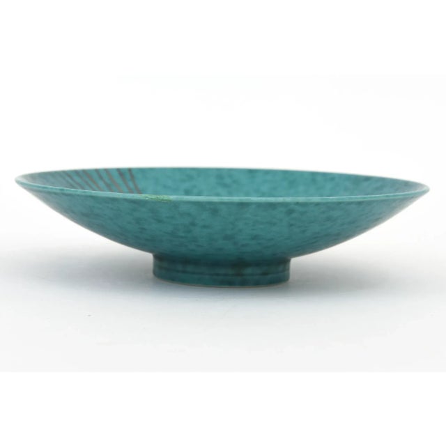 Mid-Century Modern Vintage Swedish Gustavsberg Argenta Turquoise Green Ceramic Bowl With Silver Lines, 1950's For Sale - Image 3 of 9