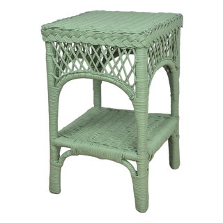 1970s Celery Green Painted Small Wicker Side Table Plant Stand For Sale