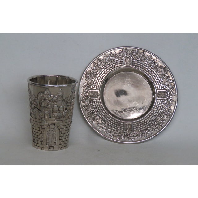 Silver Late 20th Century Religious Karshi Kiddush Non Tarnish Metal Cup and Saucer 3pc Set With Original Box For Sale - Image 8 of 15